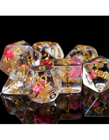 Cusdie Juego de 7 Dados DND Flores Rosa/Blanco Dorados