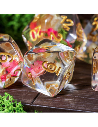 Cusdie Juego de 7 Dados DND Flores Rosa/Blanco Dorados