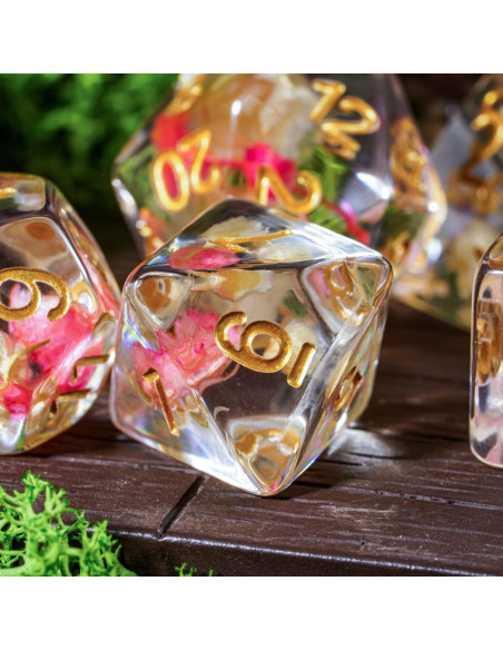 Cusdie Juego de 7 Dados DND Flores Rosa/Blanco Dorados