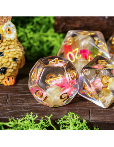 Cusdie Juego de 7 Dados DND Flores Rosa/Blanco Dorados