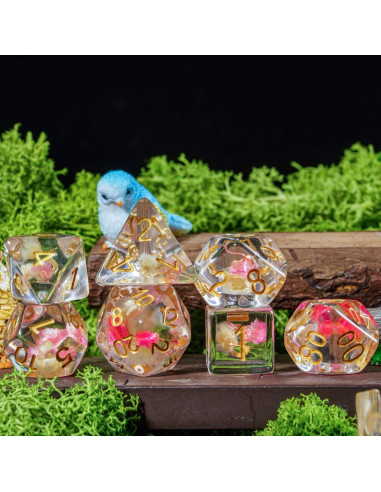 Cusdie Juego de 7 Dados DND Flores Rosa/Blanco Dorados