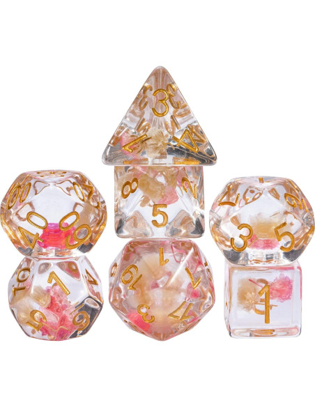 Cusdie Juego de 7 Dados DND Flores Rosa/Blanco Dorados