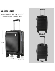 Maleta de Mano Expandible Kmvazcd 20" Negra con Ruedas y TSA 2