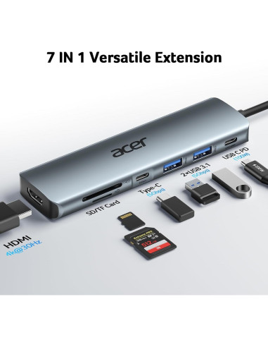 Hub USB C Acer ODK360 7 en 1 HDMI 4K, 2 USB 3.1, Carga 100W