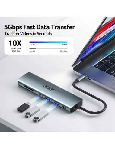 Hub USB C Acer ODK360 7 en 1 HDMI 4K, 2 USB 3.1, Carga 100W