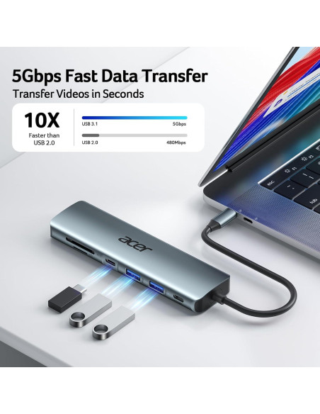Hub USB C Acer ODK360 7 en 1 HDMI 4K, 2 USB 3.1, Carga 100W