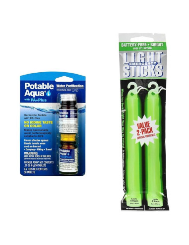 Kit de Emergencia: Tabletas Purificadoras Potable Aqua + Palitos Luz 8h