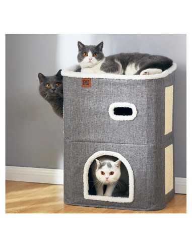 Casa para Gatos de 2 Pisos CATBOAT Gris con Almohadilla para Raspar