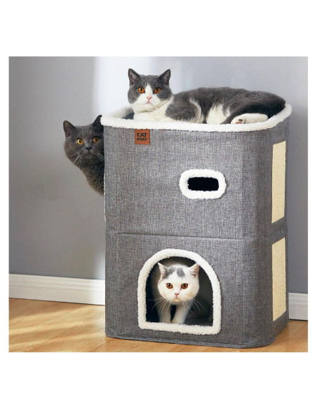 Casa para Gatos de 2 Pisos CATBOAT Gris con Almohadilla para Raspar Casa para Gatos de 2 Pisos CATBOAT Gris con Almohadilla para Raspar