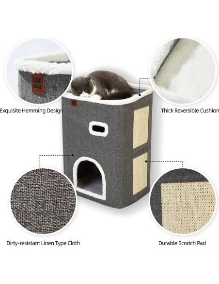 Casa para Gatos de 2 Pisos CATBOAT Gris con Almohadilla para Raspar Casa para Gatos de 2 Pisos CATBOAT Gris con Almohadilla para Raspar