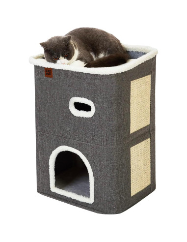 Casa para Gatos de 2 Pisos CATBOAT Gris con Almohadilla para Raspar