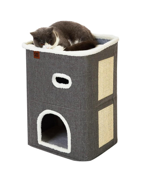 Casa para Gatos de 2 Pisos CATBOAT Gris con Almohadilla para Raspar Casa para Gatos de 2 Pisos CATBOAT Gris con Almohadilla para Raspar