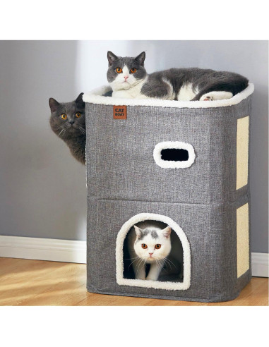 Casa para Gatos de 2 Pisos CATBOAT Gris con Almohadilla para Raspar
