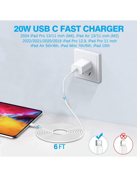 Cargador Rápido USB C 20W para iPad Pro y Air con Cable 1.83m