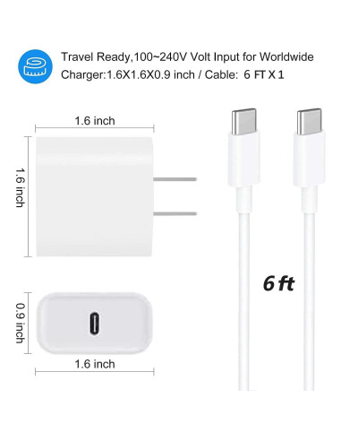 Cargador Rápido USB C 20W para iPad Pro y Air con Cable 1.83m