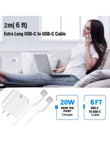 Cargador Rápido USB C 20W para iPad Pro y Air con Cable 1.83m