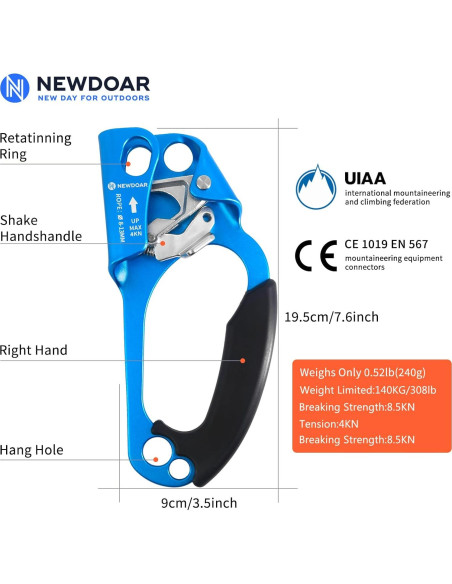 Ascensor de Mano NewDoar para Escalada 8-13mm Azul
