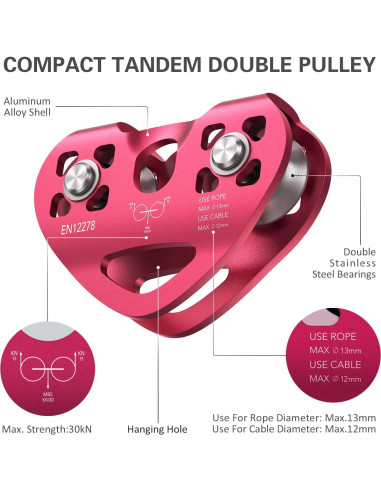 Polea Doble de Zip Line Lixada 30KN para Cables de 1/4 a 1/2