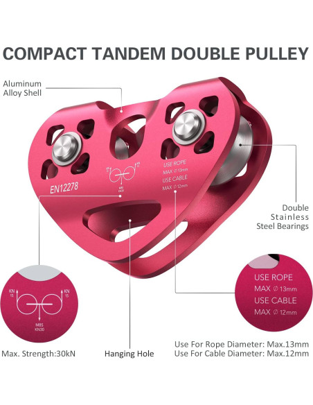 Polea Doble de Zip Line Lixada 30KN para Cables de 1/4 a 1/2