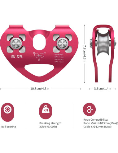 Polea Doble de Zip Line Lixada 30KN para Cables de 1/4 a 1/2