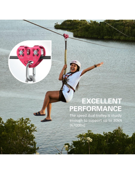 Polea Doble de Zip Line Lixada 30KN para Cables de 1/4 a 1/2