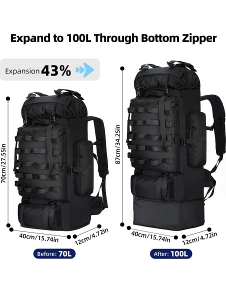 Mochila de Camping 100L Táctica Militar Impermeable Negra
