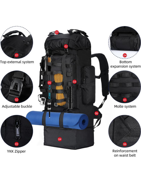 Mochila de Camping 100L Táctica Militar Impermeable Negra