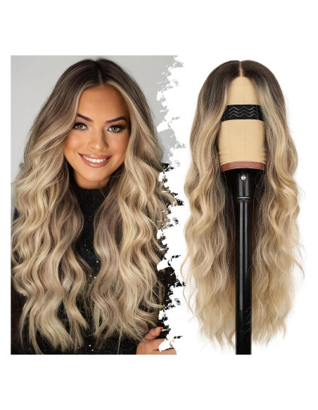 Peluca Ombre Rubia Eawwii Larga Ondulada 66 cm Sin Pegamento