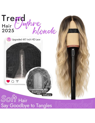 Peluca Ombre Rubia Eawwii Larga Ondulada 66 cm Sin Pegamento