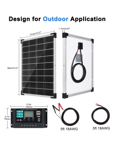 Kit Panel Solar TBER 20W 12V con Controlador 10A y Cables
