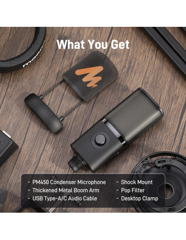Micrófono de Condensador USB MAONO PM450S con Soporte y Control