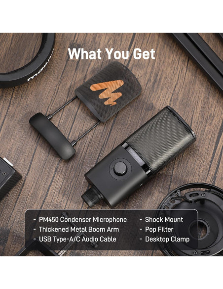 Micrófono de Condensador USB MAONO PM450S con Soporte y Control