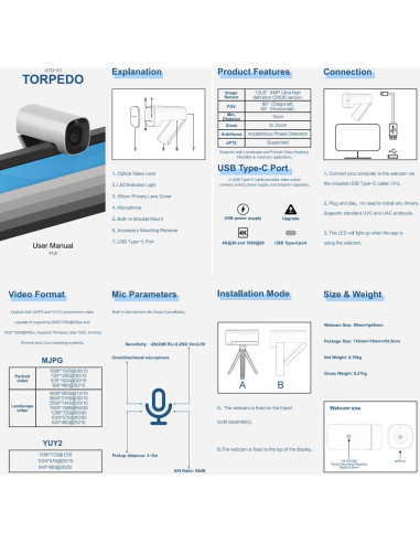 Cámara Web 4K Angekis A-Torpedo - Zoom Digital 4X, USB-C