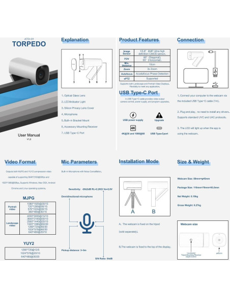 Cámara Web 4K Angekis A-Torpedo - Zoom Digital 4X, USB-C