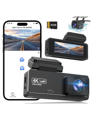 Cámara Dash 4K Delantera y Trasera Penemay con WiFi y 64GB