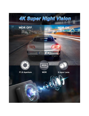 Cámara Dash 4K Delantera y Trasera Penemay con WiFi y 64GB