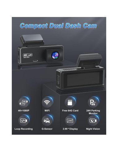 Cámara Dash 4K Delantera y Trasera Penemay con WiFi y 64GB