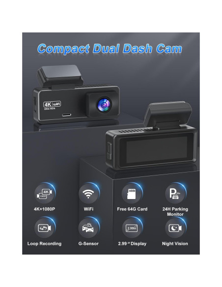 Cámara Dash 4K Delantera y Trasera Penemay con WiFi y 64GB