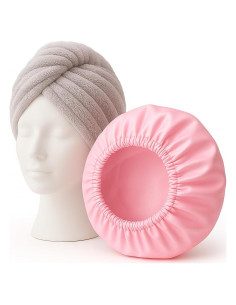 Juego de Toalla de Microfibra y Gorro de Ducha Gilbiz - Secado Rápido, Antifrizz, Rosa y Gris