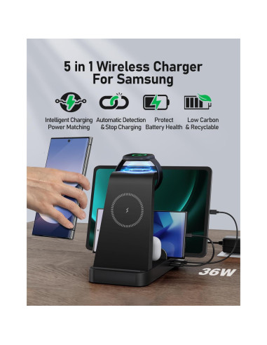 Cargador Inalámbrico 5 en 1 WHJ para Samsung Galaxy, Negro