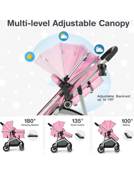 Cochecito BABY JOY 2 en 1 Plegable Rosa Asiento Reversible