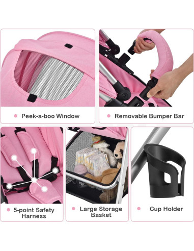 Cochecito BABY JOY 2 en 1 Plegable Rosa Asiento Reversible