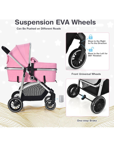 Cochecito BABY JOY 2 en 1 Plegable Rosa Asiento Reversible
