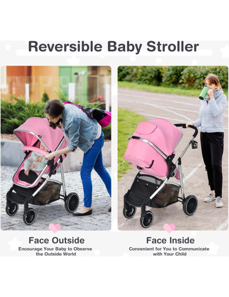 Cochecito BABY JOY 2 en 1 Plegable Rosa Asiento Reversible