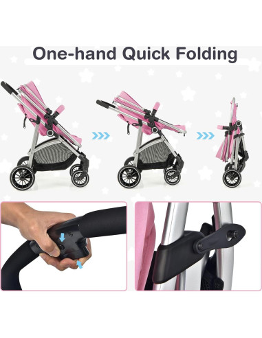 Cochecito BABY JOY 2 en 1 Plegable Rosa Asiento Reversible