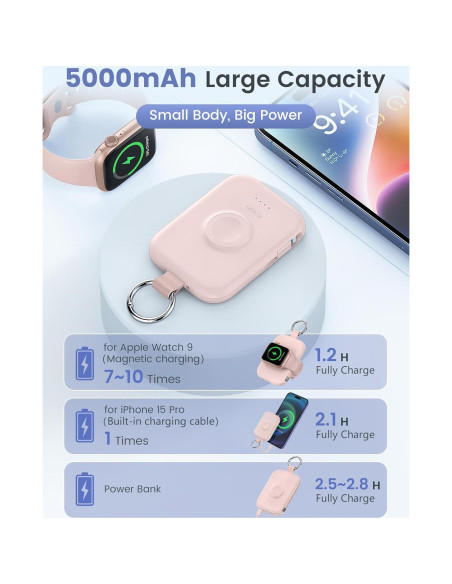 Cargador Portátil RORRY 5000mAh para Apple Watch y iPhone Rosa