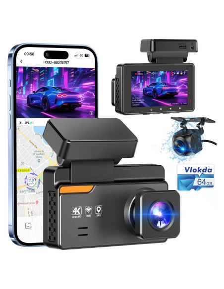 Cámara de tablero Vlokda 4K delantera y trasera con GPS