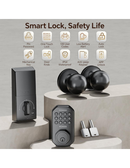 Cerradura Inteligente VCHOO SL02 Negra con Control APP y Teclado