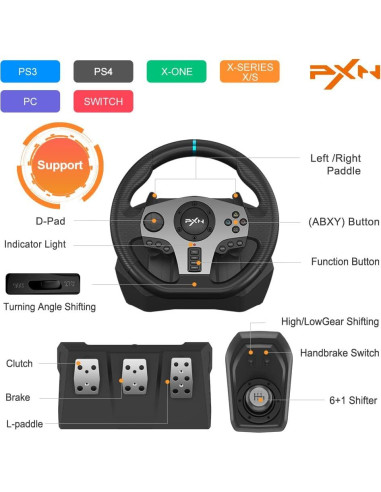 Volante de Juego PXN V9 con Pedales y Palanca - 270/900 Grados