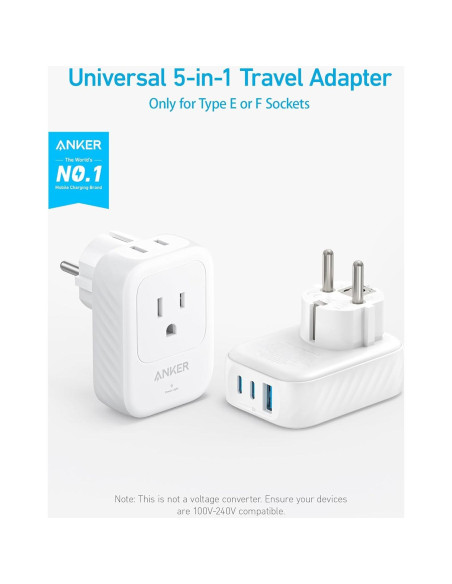 Adaptador de Enchufe de Viaje Anker A92A2, 5-en-1, 15W USB-C